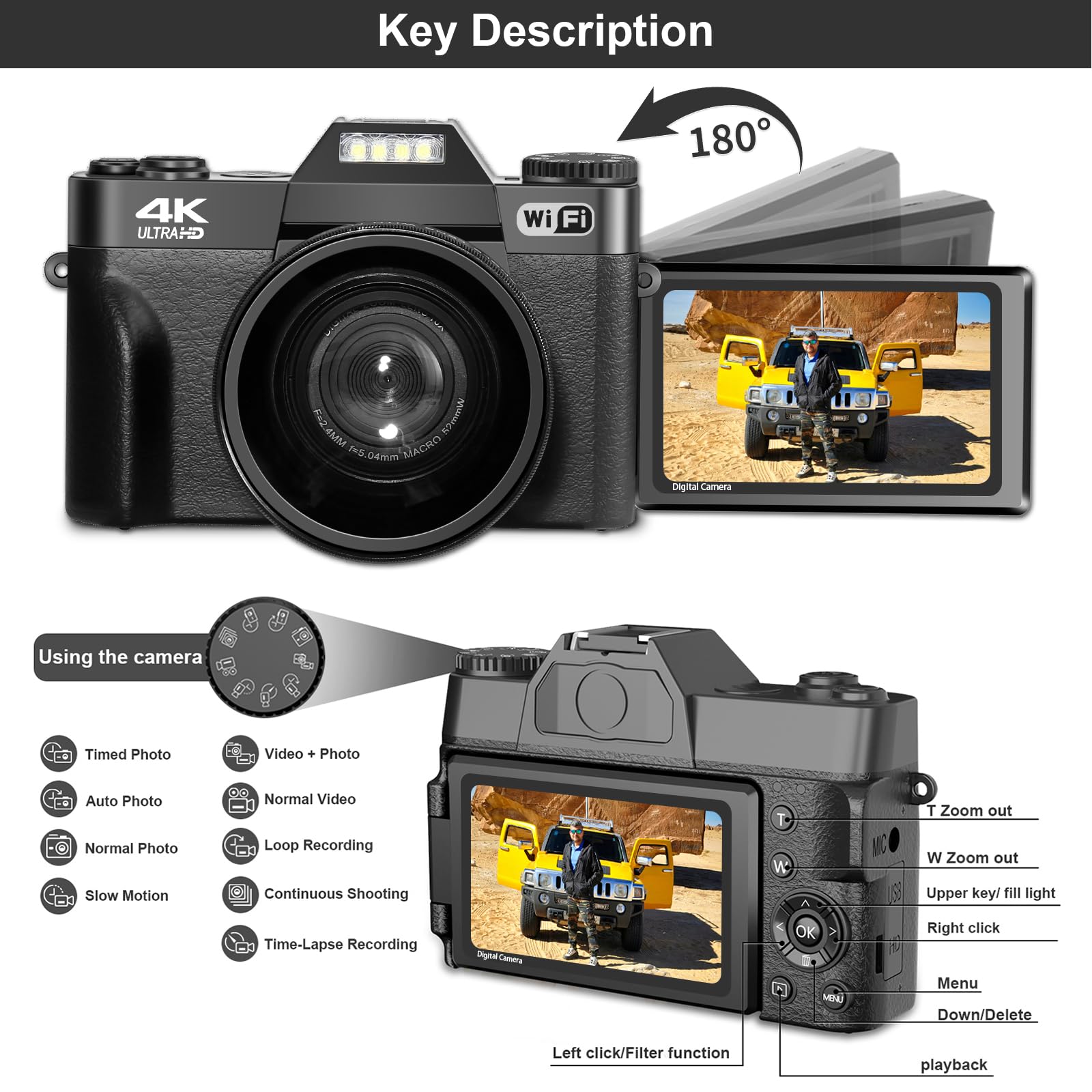 Digital Camera, 4K Vlogging Camera For Youtube 56Mp 16X Digital Zoom Manual Focus Students Compact Photography Camera With 52Mm Wide Angle & Macro Lens, 32G Tf Card And 2 Batteries(Black)